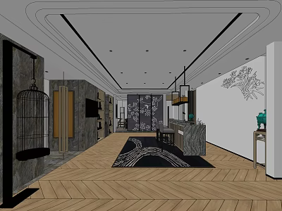 Modern Front Desk Reception Area With Herringbone Wooden Floor Wall Art And Pendant Lights 3d model