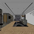 Modern Front Desk Reception Area With Herringbone Wooden Floor Wall Art And Pendant Lights