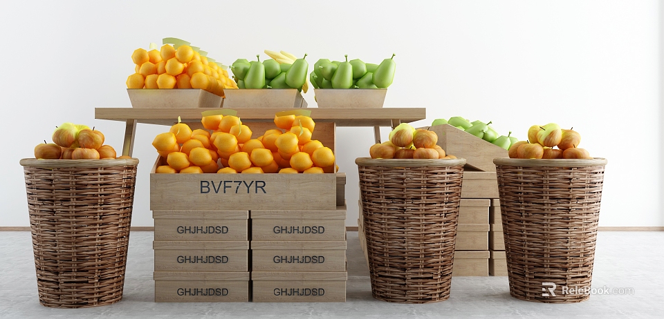 Fresh Oranges Tangerines And Green Pears In Stacked Wooden Crates And Wicker Baskets 3d model 