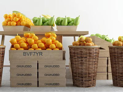 Fresh Oranges Tangerines And Green Pears In Stacked Wooden Crates And Wicker Baskets 3d model