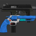 Two Different Types Of Weapons Featuring Blue Toy Gun And Black Tactical Firearm