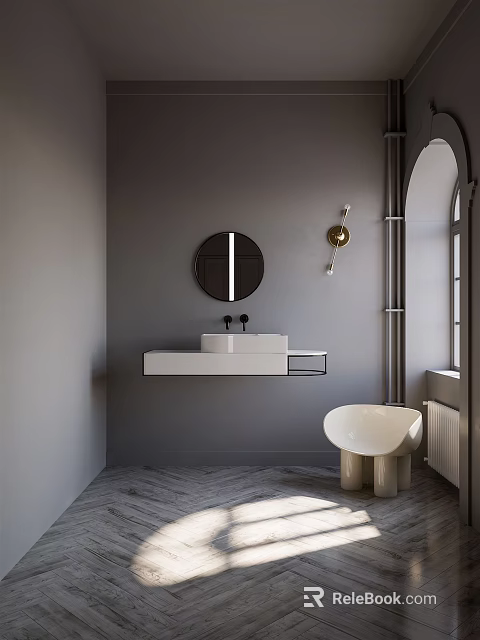 Modern Bathroom Interior Featuring Wall Mounted White Sink Round Mirror And Freestanding Bathtub 3d model 