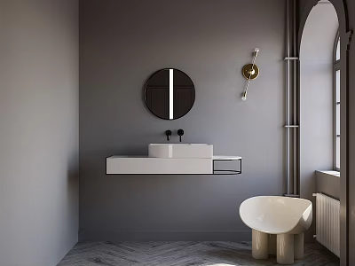 Modern Bathroom Interior Featuring Wall Mounted White Sink Round Mirror And Freestanding Bathtub 3d model