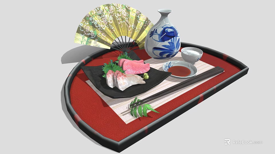 Fresh Sashimi Platter on Red Tray with Chopsticks Blue White Vase Fan and Soy Sauce 3d model 