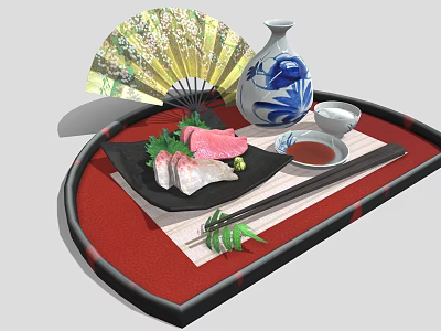 Fresh Sashimi Platter on Red Tray with Chopsticks Blue White Vase Fan and Soy Sauce 3d model