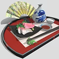 Fresh Sashimi Platter on Red Tray with Chopsticks Blue White Vase Fan and Soy Sauce