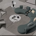 Modern Curved Green Sofa And Round Coffee Table Set With Light Armchairs