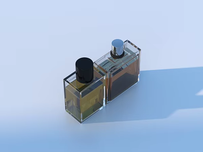 Perfume Cosmetics Square Glass Bottles With Colored Liquids Black And Silver Caps 3d model