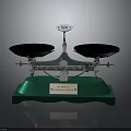 Classic Balance Scale With Green Base Metal Structure And Two Black Pans 3d model