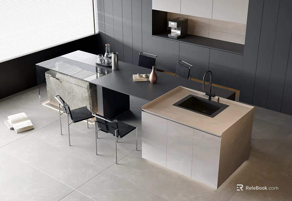 Sleek Modern Kitchen Bar Counter With Black Surface And Metal Stools 3d model