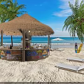 Beach Themed Shopping Mall Store Featuring Thatched Roof Pavilion Palm Trees And Surfboards