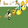 Cute Bee Decorative Figurine Set with Honeycomb Flowers on Green Grass and Blue Sky