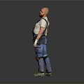 Man in Blue Overalls White T-shirt With Tool Belt Knee Pads and Gray Background