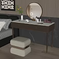Modern Elegant Dressing Table Interior With Round Mirror Vase Flowers Cosmetics And Stool Beside Bed 3d model