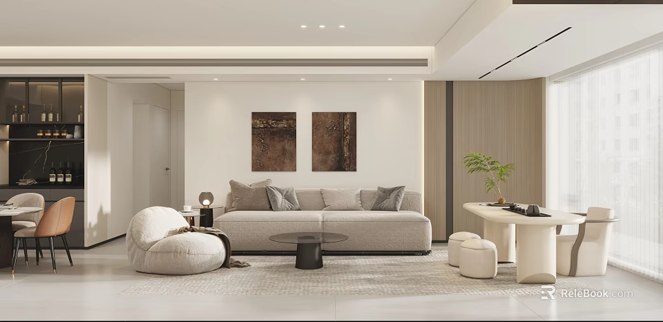 Modern Warm Neutral Living Room Interior Design With Comfortable Fabric Sofa And Elegant Wall Decorations 3d model 