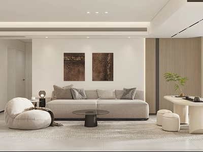 Modern Warm Neutral Living Room Interior Design With Comfortable Fabric Sofa And Elegant Wall Decorations 3d model