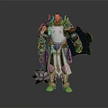 Fantasy Warrior Character in Blue Gold Armor Holding Spiked Mace with Cloak Standing Pose
