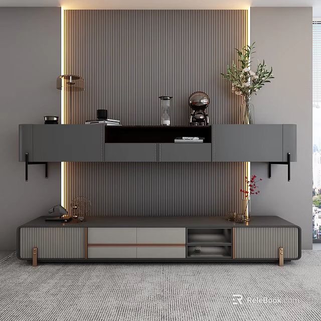 Modern Gray TV Stand Interior Design With Striped Wall Lighting And Decorative Vases 3d model 