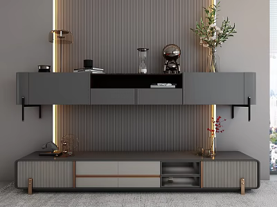 Modern Gray TV Stand Interior Design With Striped Wall Lighting And Decorative Vases 3d model