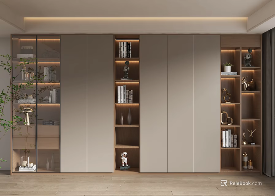 Modern Wooden Bookcase With Glass Doors And Decorative Shelves Holding Books And Plants 3d model 