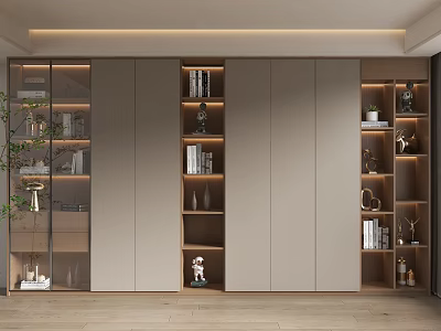 Modern Wooden Bookcase With Glass Doors And Decorative Shelves Holding Books And Plants 3d model