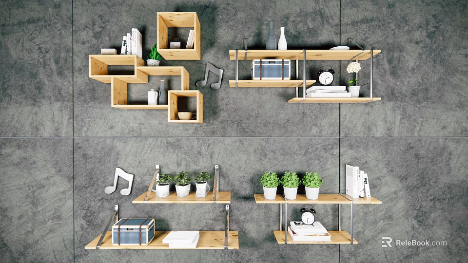 Modern Interior Wall Design With Wooden Wall Cabinets Potted Plants Books And Decorative Items 3d model 
