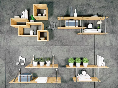 Modern Interior Wall Design With Wooden Wall Cabinets Potted Plants Books And Decorative Items 3d model