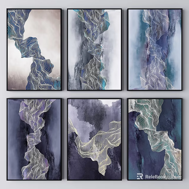 Modern Abstract Paintings With Intricate Lines And Blue Purple Gray Tones For Home Wall Decor 3d model 