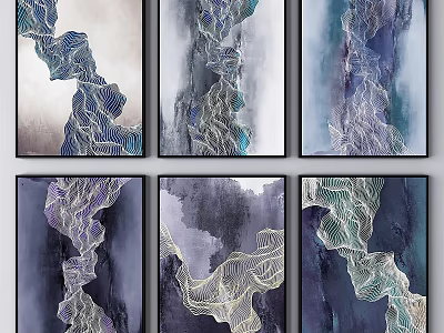 Modern Abstract Paintings With Intricate Lines And Blue Purple Gray Tones For Home Wall Decor 3d model