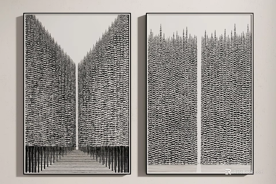 Black And White Two Panel Artwork With Intricate Tall Structure Patterns 3d model 
