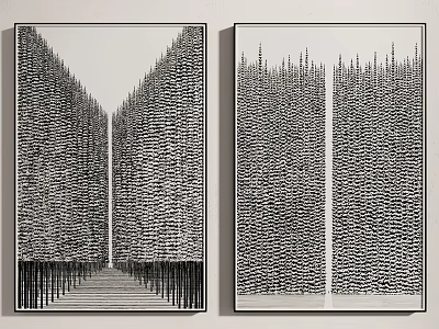 Black And White Two Panel Artwork With Intricate Tall Structure Patterns 3d model