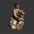 Sitting Character Figurine With Workwear Vest Cargo Pants On Box Platform And Decorative Drops