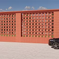 Red Brick Perforated Feature Wall with Geometric Pattern and Black Car on Paved Ground 3d model
