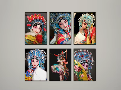 Peking Opera Character Portrait Paintings Featuring Intricate Headpieces And Colorful Traditional Attire 3d model