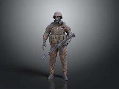 Military Game Movie Character In Camouflage Uniform With Helmet Gas Mask And Rifle 3d model
