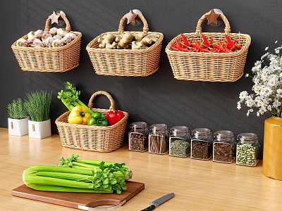 Wicker Baskets For Kitchen Storage With Fresh Vegetables Spice Jars And Herbs On Wooden Counter 3d model