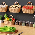 Wicker Baskets For Kitchen Storage With Fresh Vegetables Spice Jars And Herbs On Wooden Counter