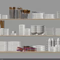 Various Dinnerware Set With Plates Bowls Cups And Utensils Neatly Arranged On Shelf