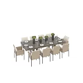 Modern Rectangular Dining Table And Chair Set With Beige Chairs And Plant Vases 3d model