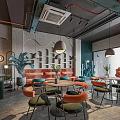 Modern Café Interior Featuring Green Plants Pendant Lights And Comfortable Seats Tables