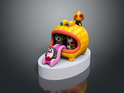 Playful Game Characters In Yellow Shell With Sliding Penguin And Small Bird Figure 3d model