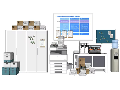 Modern Office Appliances Setup With Printer Copier Water Dispenser Monitor And File Cabinets 3d model