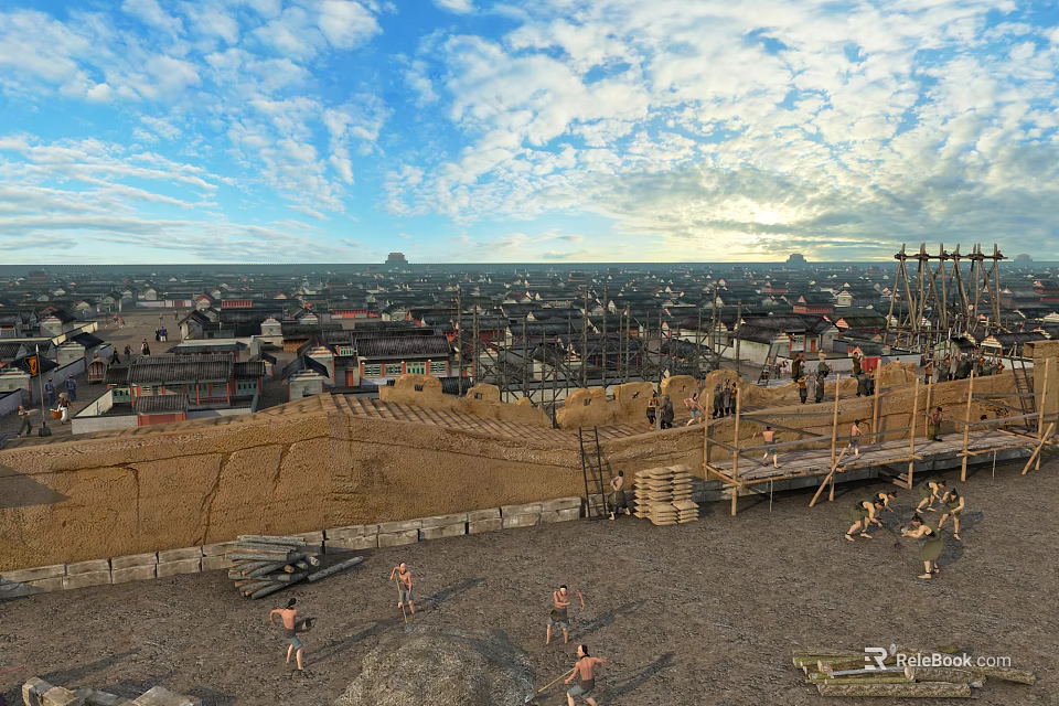 Cartoon Scenery Of Ancient City With City Wall Working People And Distant Buildings 3d model 