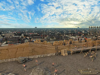 Cartoon Scenery Of Ancient City With City Wall Working People And Distant Buildings 3d model