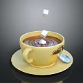 Hot Chocolate Drink In Yellow Cup With Falling Sugar Cubes And Small Spoon