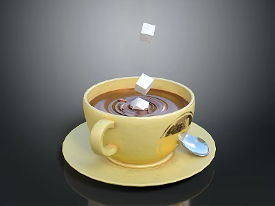 Hot Chocolate Drink In Yellow Cup With Falling Sugar Cubes And Small Spoon 3d model