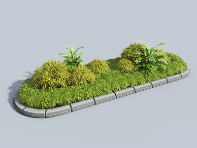Lush Green Bushes And Ferns In Garden Bed With Concrete Edging And Lawn 3d model