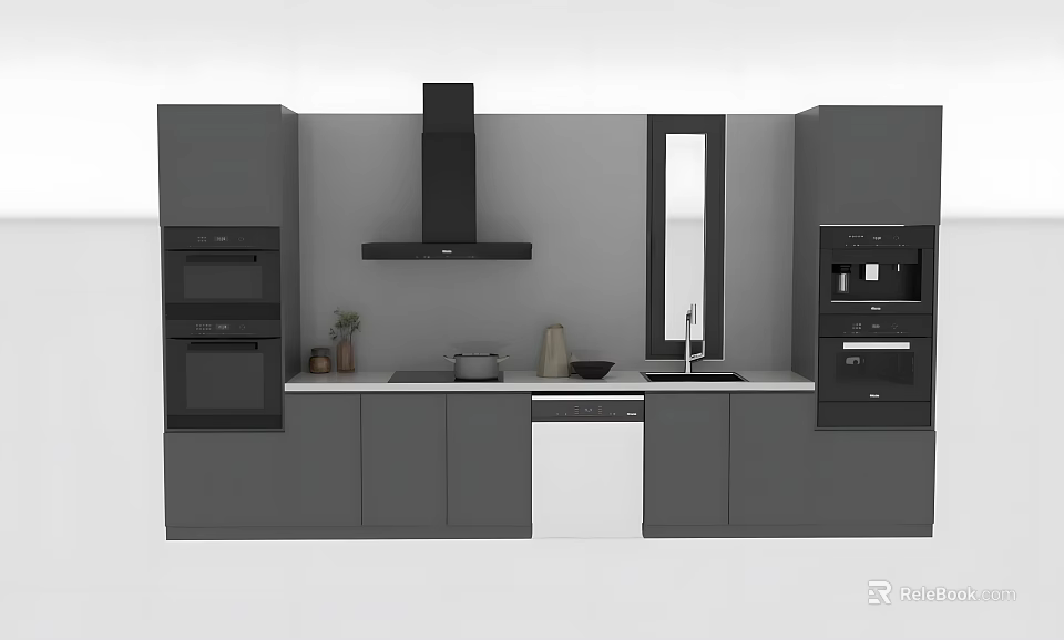 Modern Gray Kitchen Cabinets with Black Range Hood White Countertop and Built in Appliances 3d model 