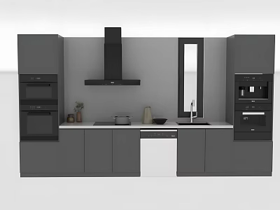 Modern Gray Kitchen Cabinets with Black Range Hood White Countertop and Built in Appliances 3d model