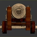 Detailed Vintage Brass Cannon Model With Red Wooden Carriage And Wheels